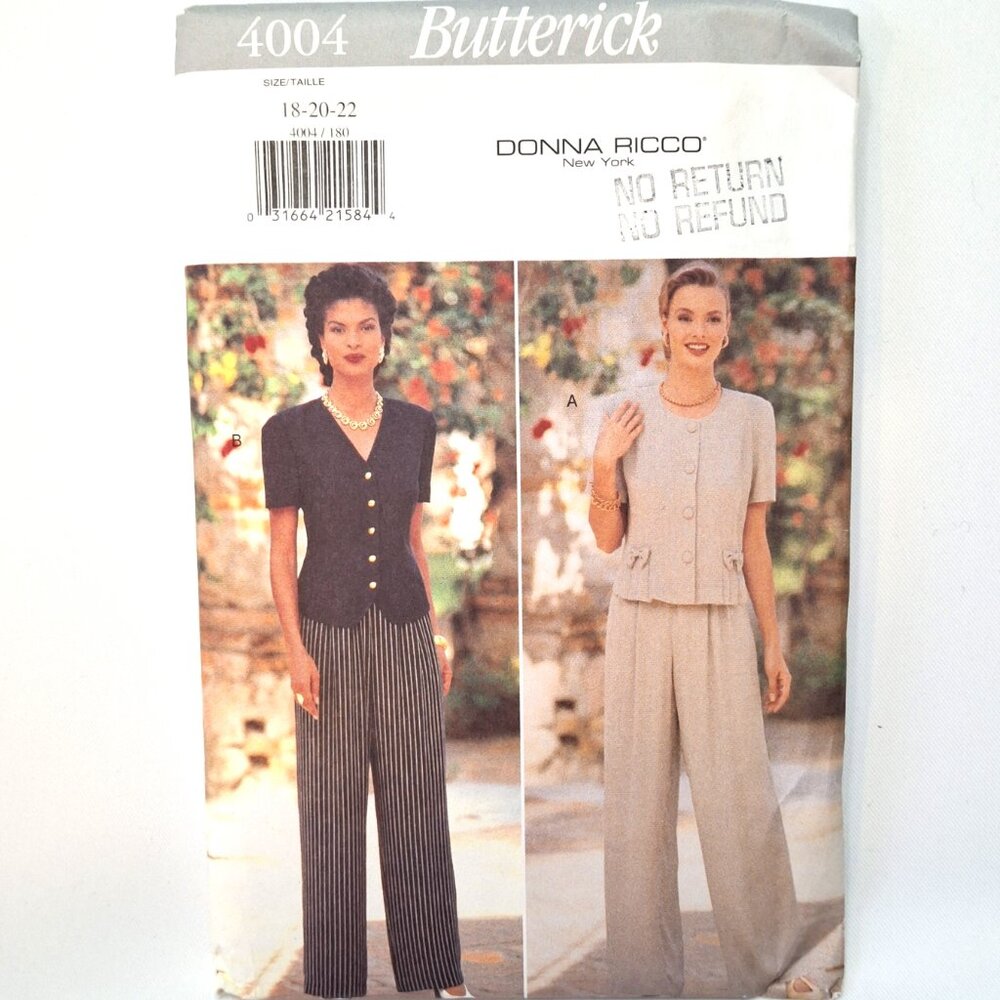Butterick 4004 Sz 18-22 Tailored Top Wide Leg Pant Set Pattern Uncut For Sewing